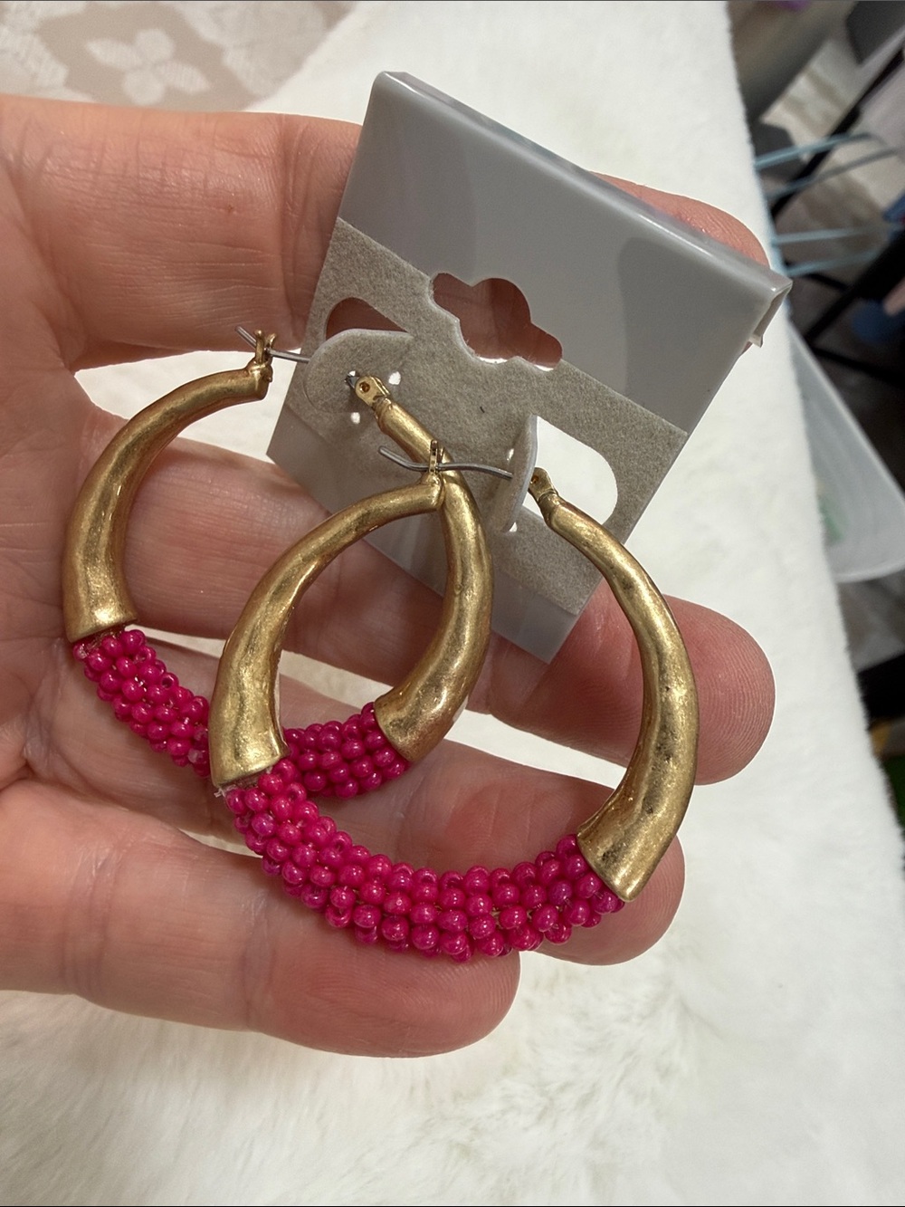 Hammered golden hoops beaded earrings